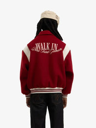 Paris Saint-Germain Walk in Paris Varsity Jacket Varsity Jacket unisex detail view 4 | Dash Racegear — Cozy red PSG wool varsity jacket from the Walk in Paris 2026 line with bold team detailing and vintage vibe.