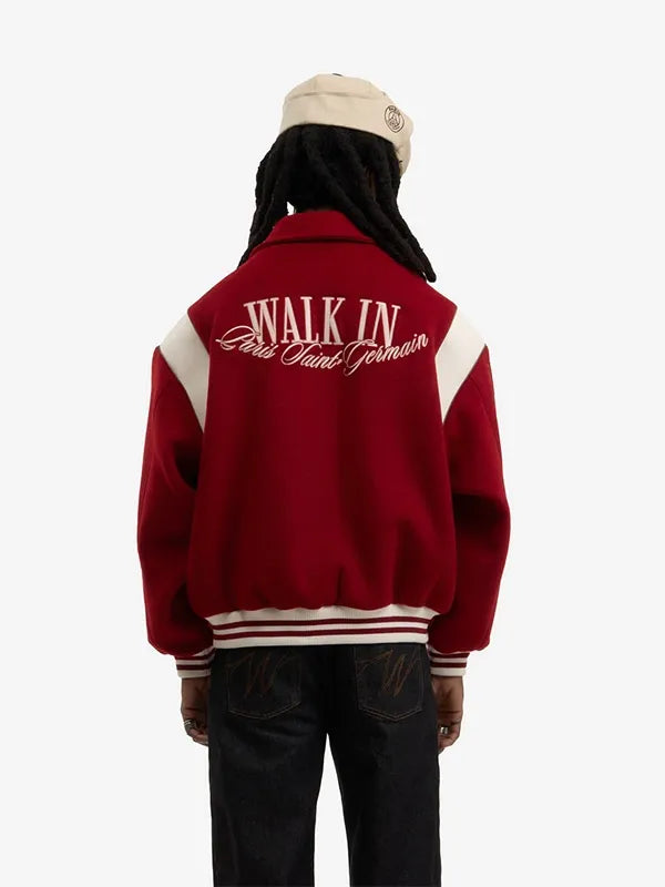 Paris Saint-Germain Walk in Paris Varsity Jacket Varsity Jacket unisex detail view 4 | Dash Racegear — Cozy red PSG wool varsity jacket from the Walk in Paris 2026 line with bold team detailing and vintage vibe.
