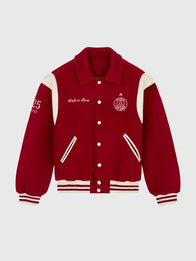 Paris Saint-Germain Walk in Paris Varsity Jacket Varsity Jacket unisex front product view | Dash Racegear — PSG Walk in Paris 2026 red wool varsity with zip pockets and contrast trim for stylish, sporty fan wear.