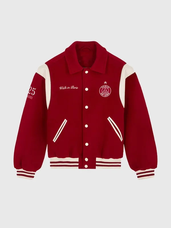 Paris Saint-Germain Walk in Paris Varsity Jacket Varsity Jacket unisex front product view | Dash Racegear — PSG Walk in Paris 2026 red wool varsity with zip pockets and contrast trim for stylish, sporty fan wear.