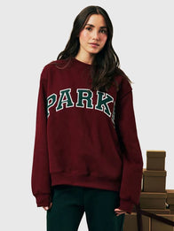 Parke Holiday Varsity Mockneck Maroon Sweatshirt Sweatshirt unisex front product view | Dash Racegear — Maroon 2025 Parke Holiday Varsity Mockneck Sweatshirt with soft fleece, classic varsity design, great for casual layering and winter comfort.