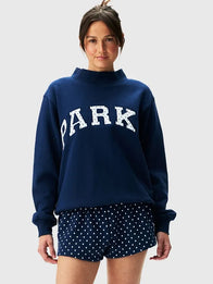 Parke Polka Dot Letter Varsity Mockneck Sweatshirt Sweatshirt unisex detail view 5 | Dash Racegear — Parke sweatshirt recreated with navy base, stitched collegiate insignia, and scattered circular pattern