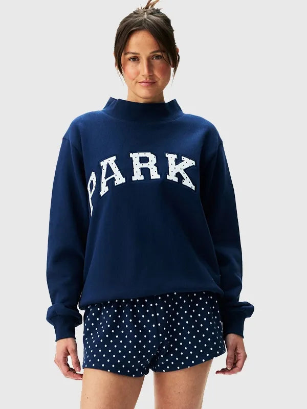 Parke Polka Dot Letter Varsity Mockneck Sweatshirt Sweatshirt unisex detail view 5 | Dash Racegear — Parke sweatshirt recreated with navy base, stitched collegiate insignia, and scattered circular pattern