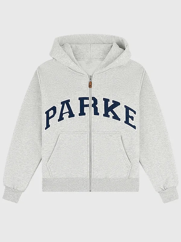 Parke OG Varsity Hoodie Hoodie unisex front product view | Dash Racegear — 2026 Parke grey OG Varsity zip-up fleece hoodie, cozy streetwear layer with classic athletic style.