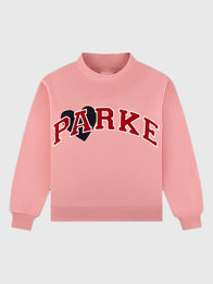 Parke Jean Heart Varsity Mockneck Sweatshirt Sweatshirt unisex front product view | Dash Racegear — Recreation Parke Women’s Valentine’s 2026 Jean Heart Varsity Mockneck Fleece Sweatshirt in pink, soft and cozy for casual wear.