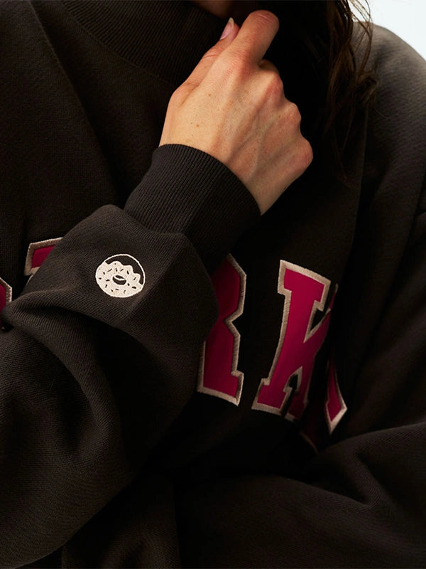 Parke x Dunkin’ Varsity Mockneck Sweatshirt Sweatshirt unisex detail view 7 | Dash Racegear — Brown Parke x Dunkin' varsity mockneck fleece sweatshirt featuring a women's fit and timeless casual style.
