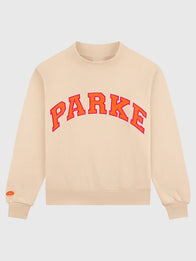 Parke x Dunkin’ Varsity Mockneck Sweatshirt Sweatshirt unisex detail view 2 | Dash Racegear — Cream Parke x Dunkin' varsity mockneck fleece sweatshirt featuring a women's fit and timeless casual style.