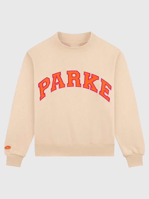Parke x Dunkin’ Varsity Mockneck Sweatshirt Sweatshirt unisex detail view 2 | Dash Racegear — Cream Parke x Dunkin' varsity mockneck fleece sweatshirt featuring a women's fit and timeless casual style.