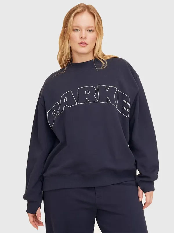 Parke x Target Mockneck Navy Blue Sweatshirt Sweatshirt unisex detail view 3 | Dash Racegear — Parke x Target women’s navy blue mockneck pullover sweatshirt, cozy streetwear for everyday casual comfort.