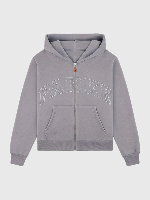Parke Monochrome Varsity Zip Up Hoodie Hoodie unisex front product view | Dash Racegear — Grey Parke Monochrome Varsity Fleece Zip-Up Hoodie 2026, soft and cozy for casual streetwear and layering.