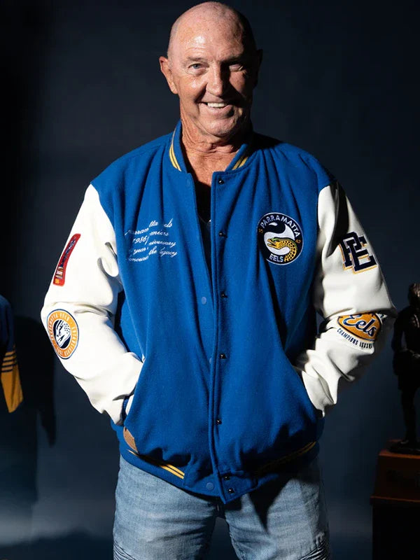 Parramatta Eels 1986 Premiers Varsity Jacket Varsity Jacket unisex front product view | Dash Racegear — Parramatta Eels 1986 Premiers varsity jacket in blue and white, warm wool and leather sleeves.