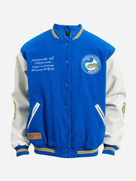 Parramatta Eels 1986 Premiers Varsity Jacket Varsity Jacket unisex detail view 4 | Dash Racegear — Parramatta Eels 1986 Premiers varsity jacket in blue & white, wool body and leather sleeves.