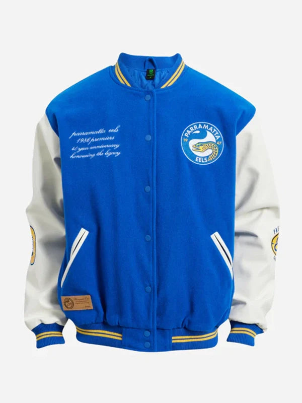 Parramatta Eels 1986 Premiers Varsity Jacket Varsity Jacket unisex detail view 4 | Dash Racegear — Parramatta Eels 1986 Premiers varsity jacket in blue & white, wool body and leather sleeves.