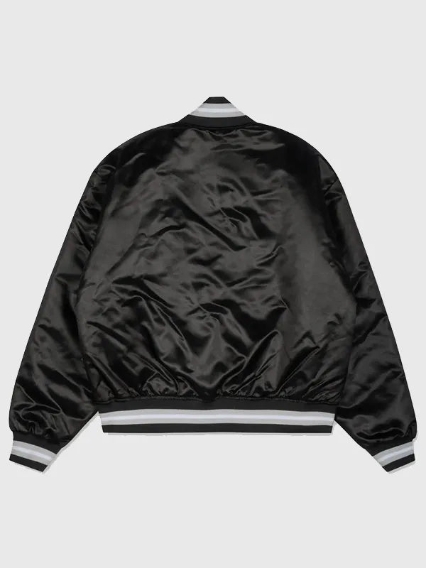 Patta x Nike Satin Bomber Jacket Bomber Jacket unisex detail view 2 | Dash Racegear — Black Patta x Nike Hyper Crimson Anniversary bomber jacket with sleek satin finish and bold branding.