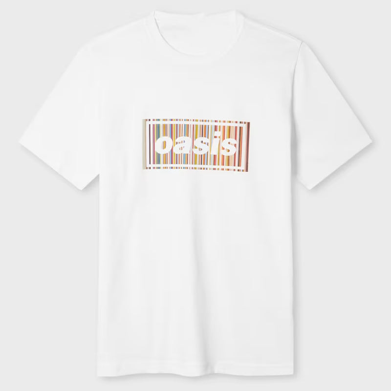 Paul Smith x Oasis White Stripe Logo T-Shirt Shirt unisex front product view | Dash Racegear — Designer White Stripe Logo Shirt Paul Smith Oasis Drop