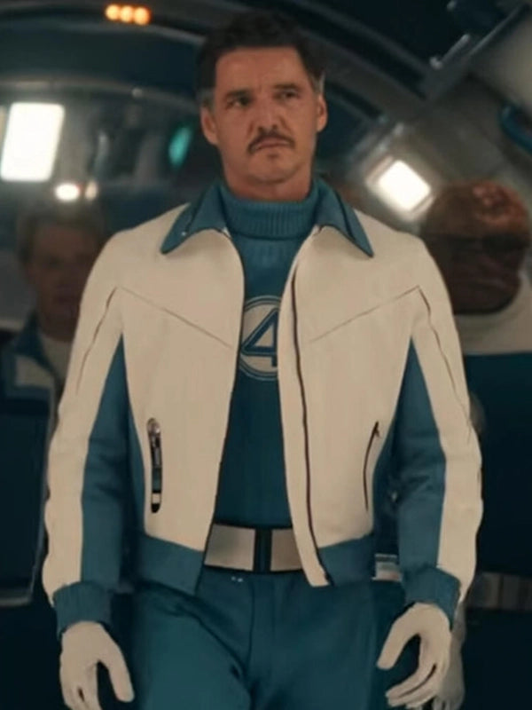 Avengers Doomsday Reed Richards Bomber Jacket Bomber Jacket unisex front product view | Dash Racegear — 2026 Avengers: Doomsday Pedro Pascal Bomber Jacket as Reed Richards Mister Fantastic with White & Blue color blocking
