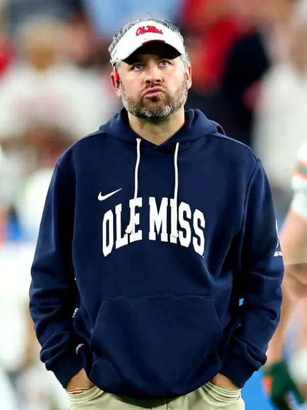 Pete Golding Ole Miss Hoodie Hoodie unisex front product view | Dash Racegear — Pete Golding Ole Miss Nike Hoodie offers relaxed fit, fleece comfort, and standout navy design for fans.