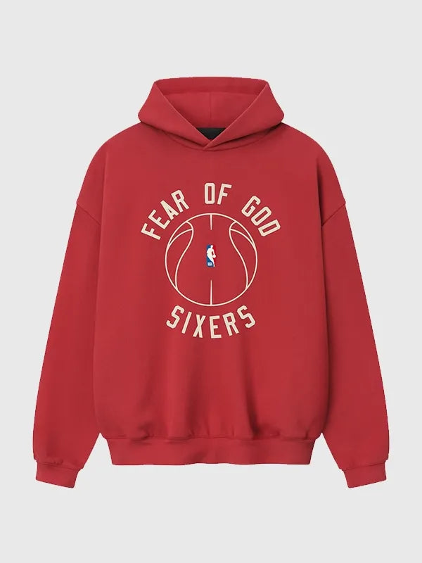 Philadelphia 76ers Fear of God x Barkley L. Hendricks 90’s Hoodie Hoodie unisex front product view | Dash Racegear — Cozy red 76ers hoodie mixing Fear of God street style with Barkley L. Hendricks influence.
