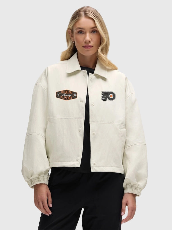 Philadelphia Flyers lululemon Coach’s Jacket Jacket unisex front product view | Dash Racegear — Recreated Philadelphia Flyers lululemon Coach's jacket in cream designed with lightweight insulation and relaxed streetwear appeal