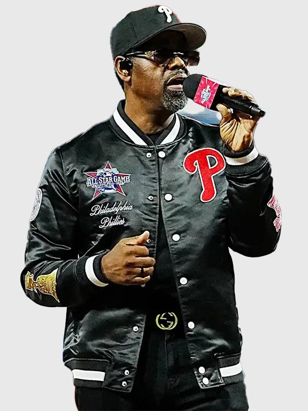 Boyz II Men MLB All-Star Game 2026 Satin Jacket Jacket unisex detail view 4 | Dash Racegear — MLB All-Star Game 2026 Boyz II Men Philadelphia Phillies Satin Varsity Jacket in Black with premium comfort and timeless varsity style.