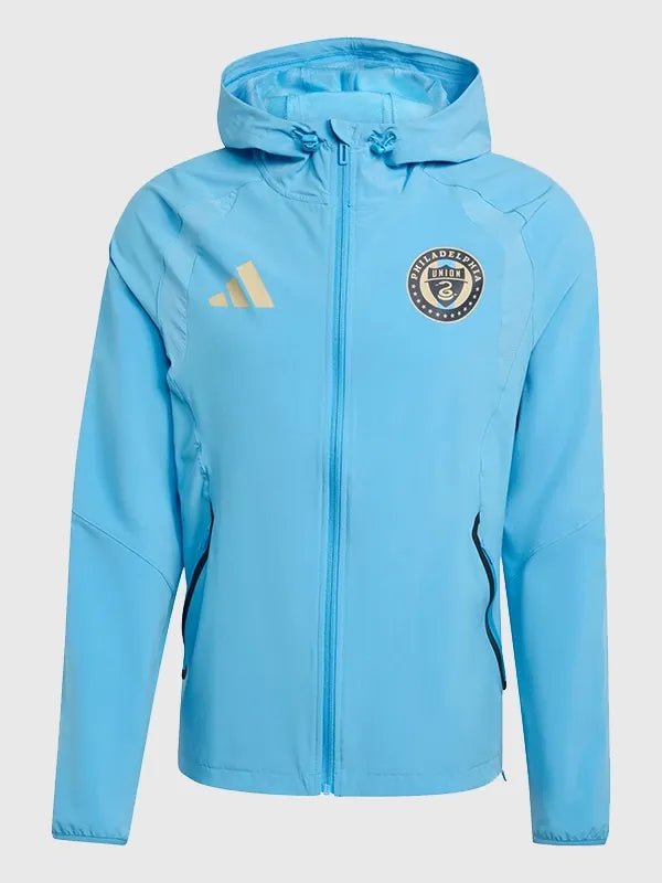 Philadelphia Union Tiro Tech Full Zip Windbreaker Jacket Jacket unisex front product view | Dash Racegear — 2026 Philadelphia Union Tiro Tech blue full zip jacket with sporty hood, great for fans staying active outdoors.