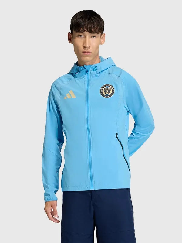 Philadelphia Union Tiro Tech Full Zip Windbreaker Jacket Jacket unisex detail view 2 | Dash Racegear — Philadelphia Union 2026 Tiro Tech blue hooded windbreaker jacket with full zip, perfect for soccer fans on breezy days.
