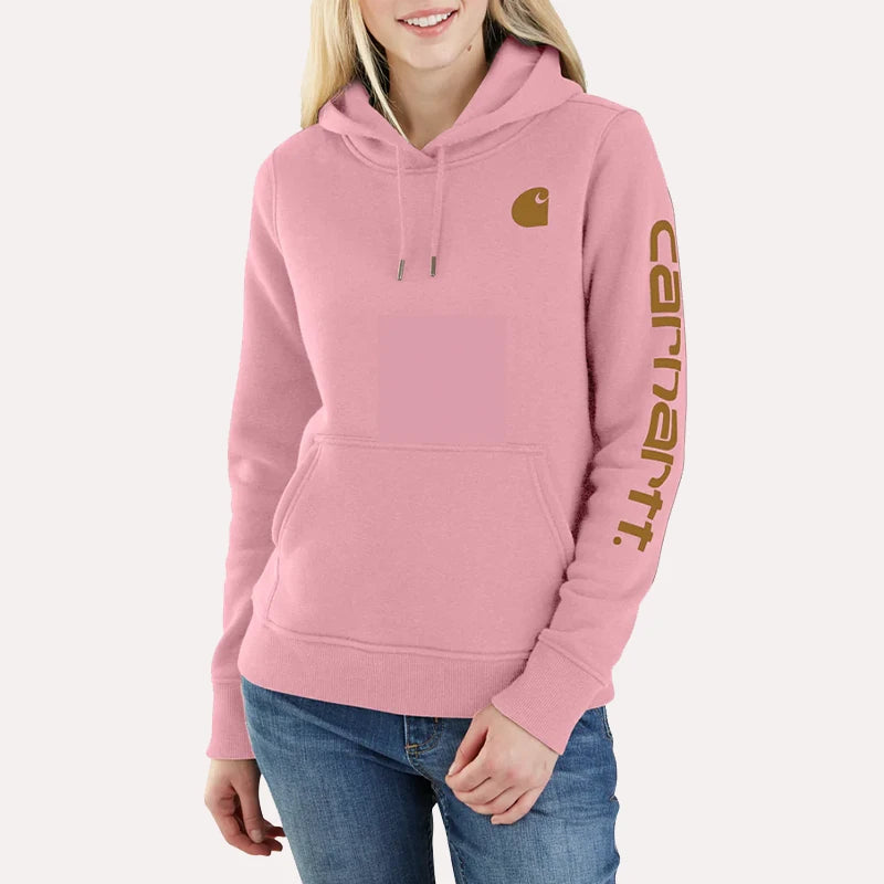 Pink Carhartt Sleeve Logo Hoodie Hoodie unisex front product view | Dash Racegear — Front view of the Carhartt pink fleece hoodie, featuring a relaxed unisex fit and soft fabric.