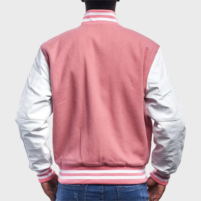 Pink and White Varsity Jacket Varsity Jacket unisex detail view 2 | Dash Racegear — Pink and White Varsity Jacket