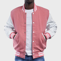 Pink and White Varsity Jacket Varsity Jacket unisex front product view | Dash Racegear — Pink and White Baseball Varsity Jacket