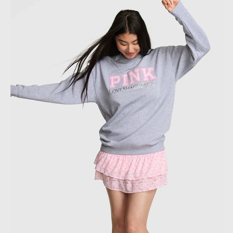 PINK x LoveShackFancy Crew Sweatshirt Sweatshirt unisex detail view 6 | Dash Racegear — PINK x LoveShackFancy Women’s Grey Crew Sweatshirt – Casual Luxe