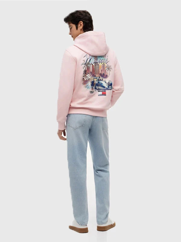 Tommy Hilfiger x Cadillac F1 Team Miami Hoodie Hoodie unisex detail view 3 | Dash Racegear — Tommy Hilfiger Cadillac F1 Team pink hoodie, Miami graphic edition for sporty streetwear and everyday comfort.