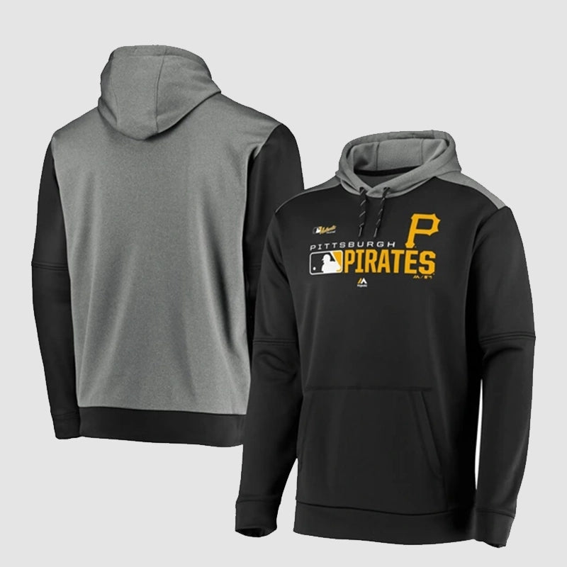 Pittsburgh Pirates Majestic Black Hoodie Hoodie unisex front product view | Dash Racegear — Pittsburgh Pirates pride meets comfort in this classic black hoodie from Majestic.