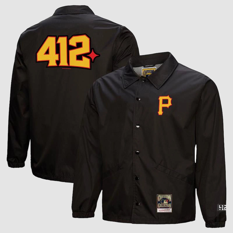 Pittsburgh Pirates Mitchell & Ness x 412 Coaches Jacket Jacket unisex front product view | Dash Racegear — Mitchell & Ness x 412 jacket – Classic design meets Pirates pride.