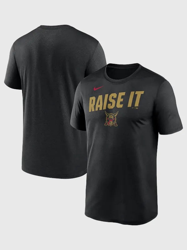 Pittsburgh Pirates 2026 City Connect Team Phrase Script T-Shirt Shirt unisex front product view | Dash Racegear — Pittsburgh Pirates 2026 Nike black Dri-FIT T-shirt, script detail and cool feel for daily sporty wear.