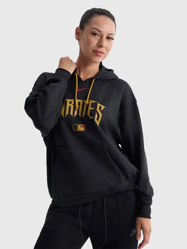 Pittsburgh Pirates 2026 City Connect Hoodie Hoodie unisex front product view | Dash Racegear — Women’s Pittsburgh Pirates Nike 2026 City Connect black Therma hoodie, warm fleece design for cozy stadium game-day wear.