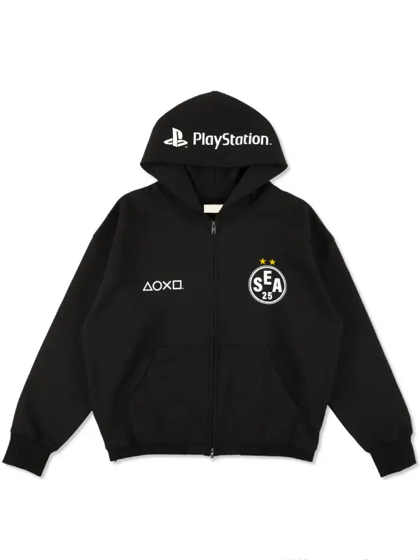 Playstation x WDS Team Zip Hoodie Hoodie unisex front product view | Dash Racegear — PlayStation x Wind and Sea black zip-up hoodie, featuring modern design and versatile style for city or gaming adventures.
