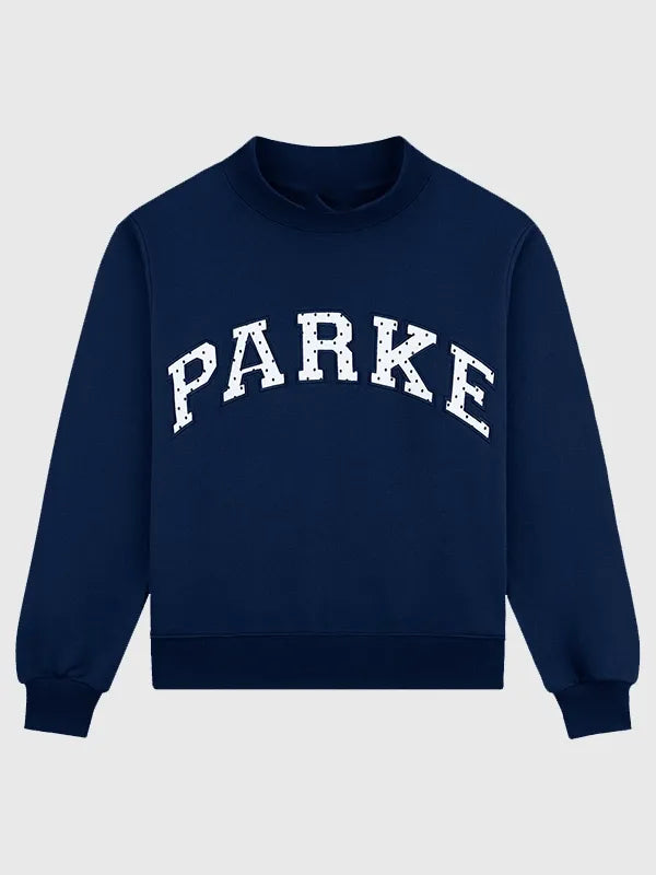 Parke Polka Dot Letter Varsity Mockneck Sweatshirt Sweatshirt unisex front product view | Dash Racegear — Navy Parke crew recreated with contrasting dot print surrounding oversized collegiate monogram