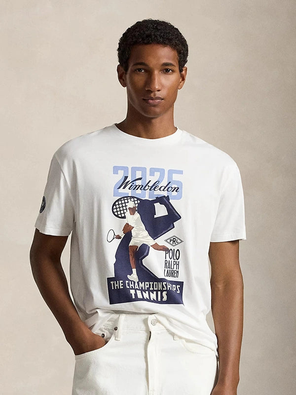Polo Ralph Lauren x Wimbledon 2026 Graphic T-Shirt Shirt unisex front product view | Dash Racegear — White graphic T-shirt featuring Polo Ralph Lauren x Wimbledon Championships 2026 with timeless casual style.