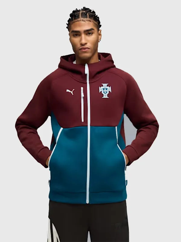 Portugal PUMATECH Full-Zip Hoodie Hoodie unisex detail view 3 | Dash Racegear — Portugal men's PUMATECH hoodie in maroon with zip front, great for workouts or casual styling.