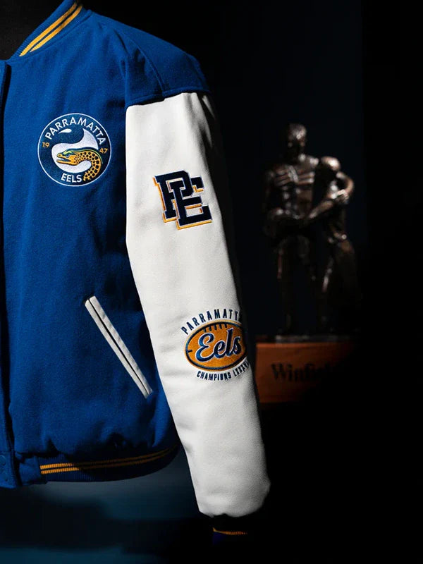 Parramatta Eels 1986 Premiers Varsity Jacket Varsity Jacket unisex detail view 3 | Dash Racegear — Parramatta Eels 1986 Premiers varsity jacket, leather sleeves and wool body, perfect for casual wear.