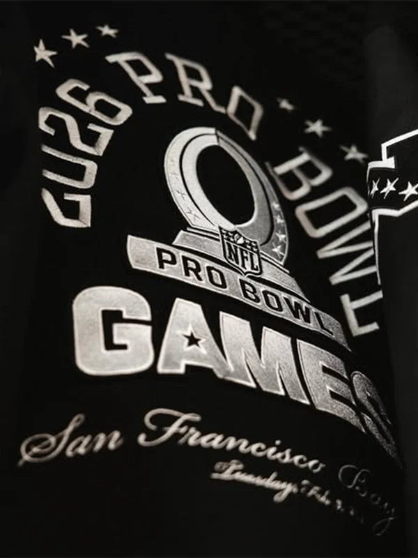 Abercrombie 2026 Pro Bowl Game Jacket Jacket unisex detail view 2 | Dash Racegear — Black Abercrombie Pro Bowl Games 2026 Varsity Jacket, classic wool and leather design for men and women.