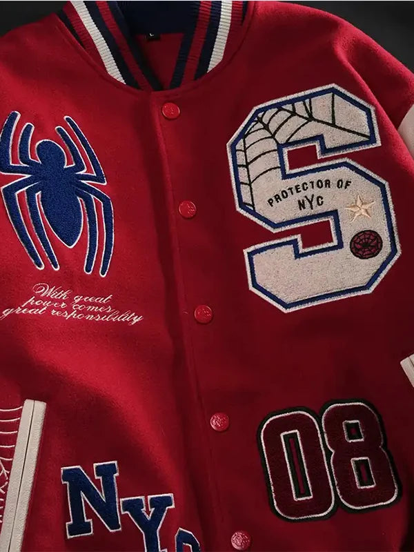 Protector Of NYC Red and Sand Letterman Jacket Jacket unisex detail view 3 | Dash Racegear — Red and sand varsity jacket designed for relaxed comfort and timeless streetwear-inspired everyday appeal.