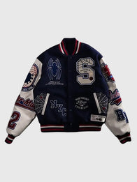 Protector Of NYC Navy And Butter Letterman Jacket Jacket unisex front product view | Dash Racegear — Navy and butter Protector Of NYC varsity jacket crafted for lightweight comfort and versatile casual fashion.