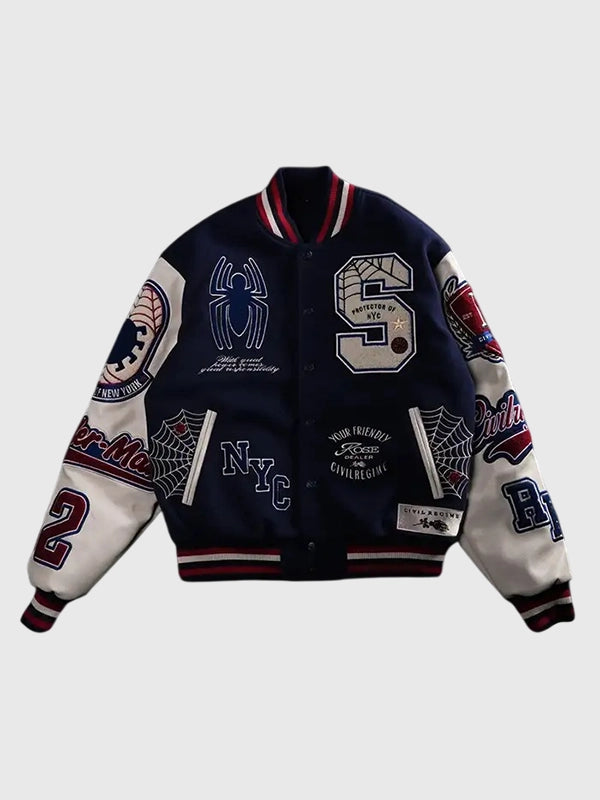 Protector Of NYC Navy And Butter Letterman Jacket Jacket unisex front product view | Dash Racegear — Navy and butter Protector Of NYC varsity jacket crafted for lightweight comfort and versatile casual fashion.