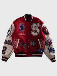 Protector Of NYC Red and Sand Letterman Jacket Jacket unisex front product view | Dash Racegear — Protector Of NYC letterman jacket blending classic varsity aesthetics with premium everyday wearability and bold color contrast.