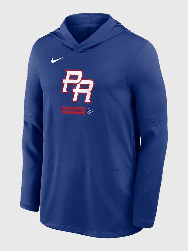 Puerto Rico 2026 World Baseball Classic Long Sleeve Hoodie T-Shirt Hoodie unisex front product view | Dash Racegear — Puerto Rico National Baseball Team 2026 World Baseball Classic Nike Dri‑FIT long‑sleeve hooded tee in royal with team logo for game day…