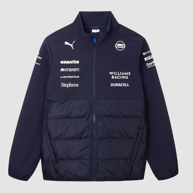 Puma x Williams Racing F1 2025 Team Hybrid Jacket Jacket unisex front product view | Dash Racegear — F1 2025 Puma x Williams Racing Jacket – Sleek Hybrid Style