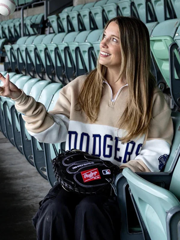 Dodgers Womens Night Quarter Zip Sweatshirt Sweatshirt unisex detail view 5 | Dash Racegear — Los Angeles Dodgers women’s night beige quarter zip, WAG UCLA Health design for everyday comfort wear.