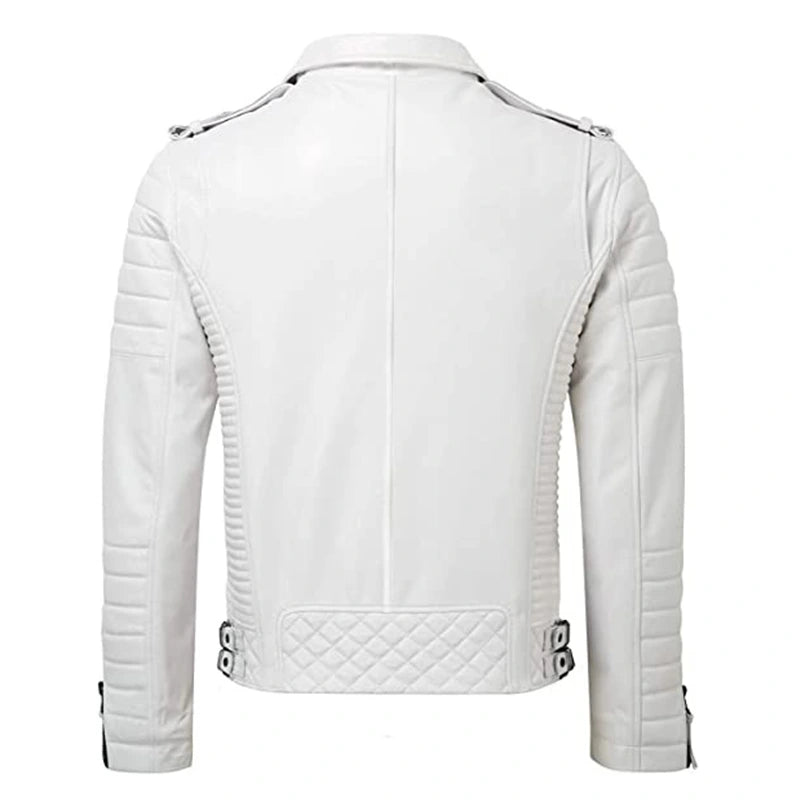 Mens Quilted White Leather Jacket Leather Jacket men detail view 2 | Dash Racegear — Quilted White Leather Jacket
