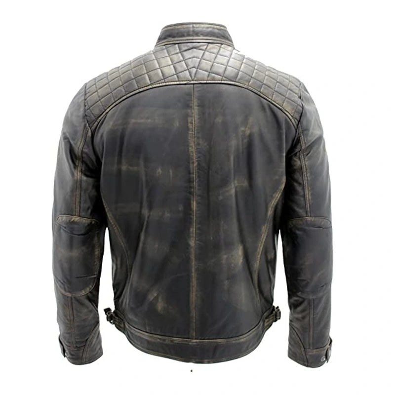 Mens Quilted Distressed Leather Jacket Leather Jacket men detail view 2 | Dash Racegear — Quilted Cafe Racer Distressed Leather Jacket